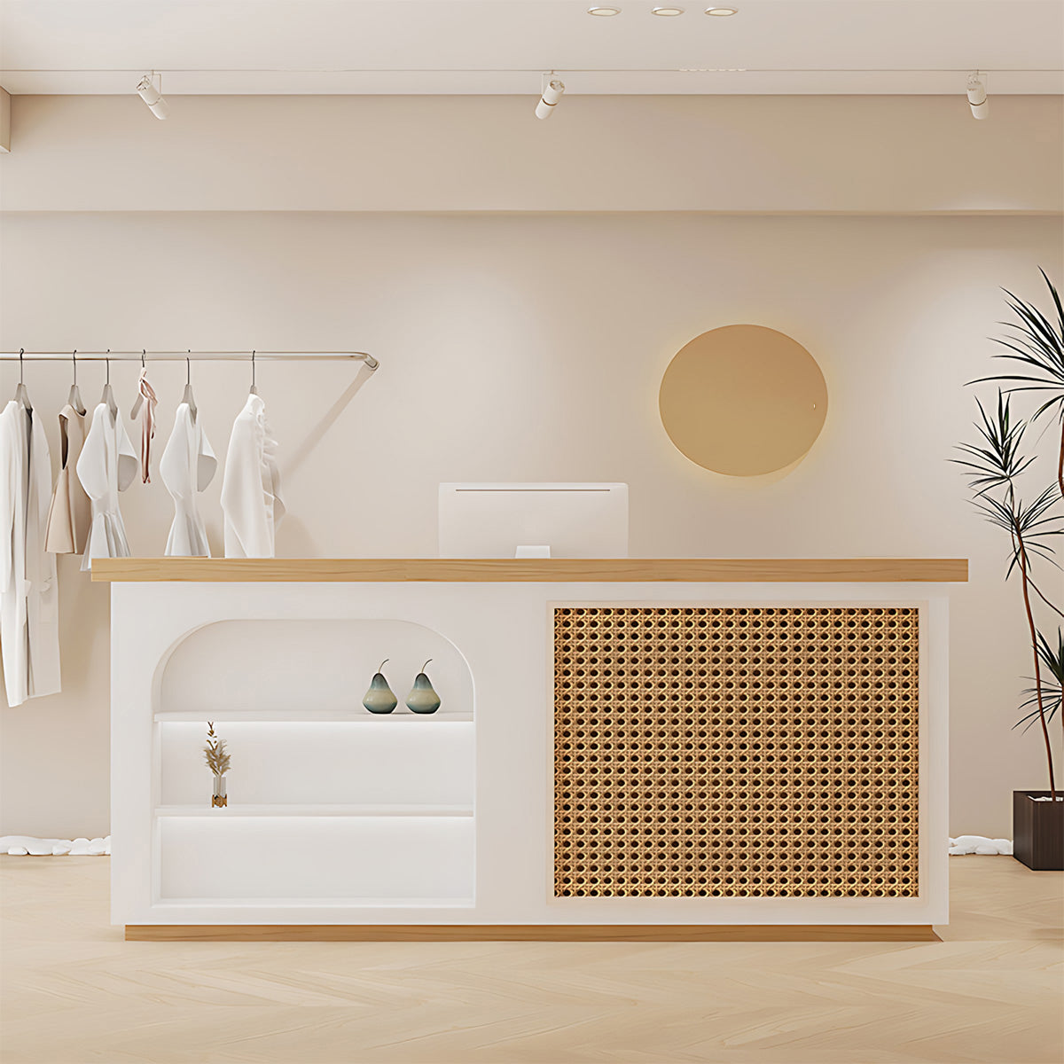 Modern Reception Desk-2, angled product view, Natural Style Minimalist Rattan Reception Table finish, for reception area or front office, commercial...