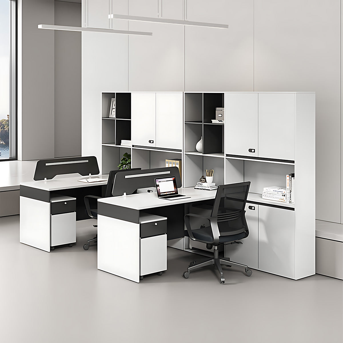 Modern Office Desk with Privacy Panel, 23.62" Deep Desktop & Generous File Cabinet