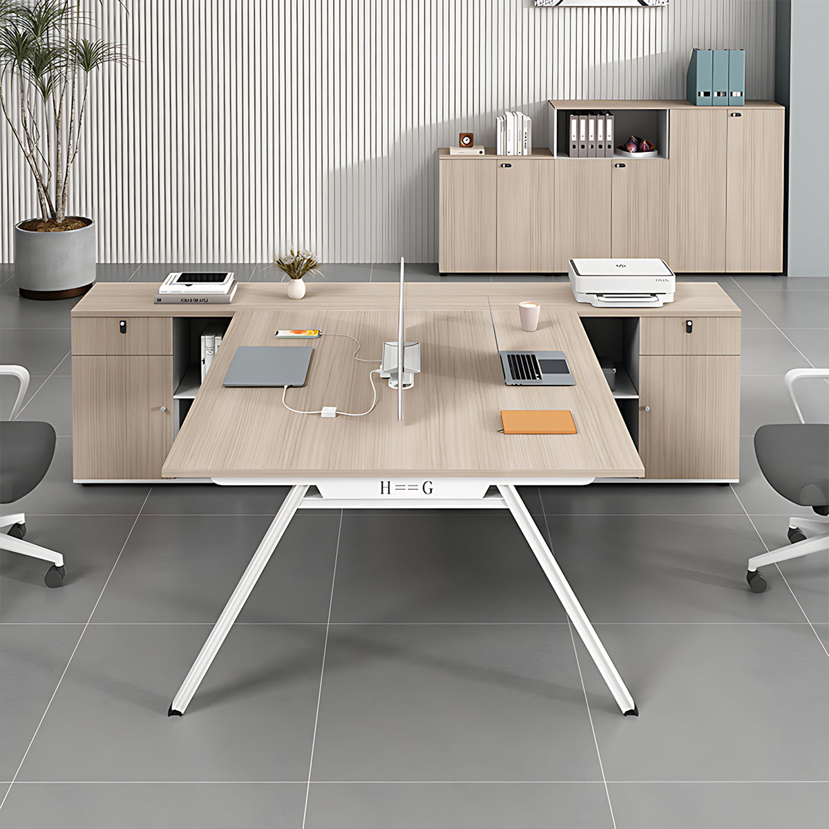 Minimalist Office Desk with Built-In Outlets, Ample Storage, and Privacy Panel