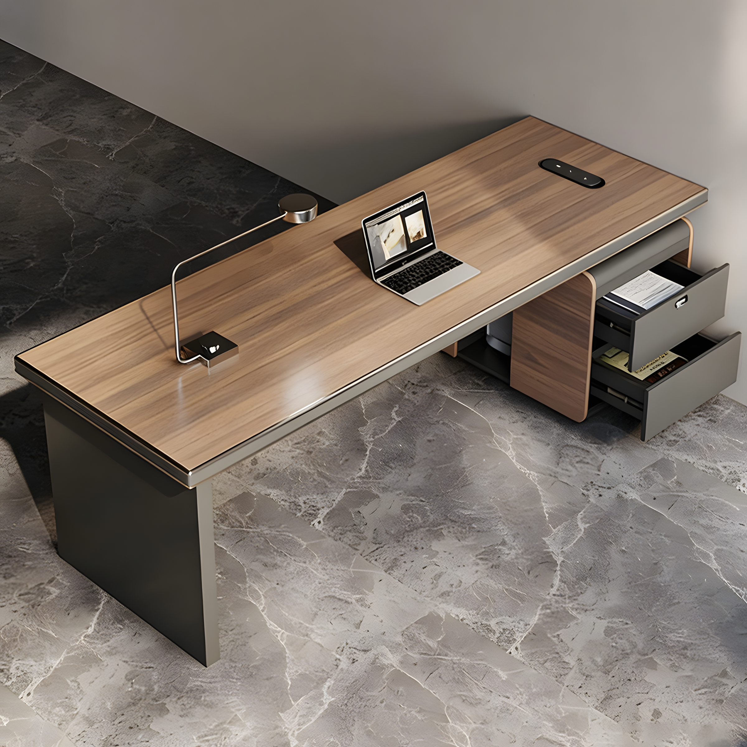 Sleek Executive Desk with Built-In Outlets & Double-Layer Storage