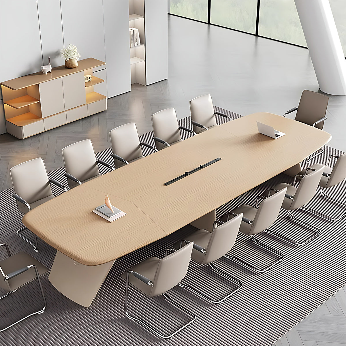 Minimalist Spacious Beige Conference Table with Hollow LED Light Strip and Sturdy Legs