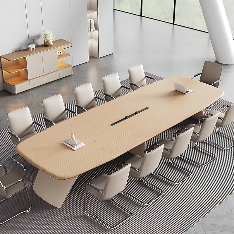 Minimalist Spacious Beige Conference Table with Hollow LED Light Strip and Sturdy Legs