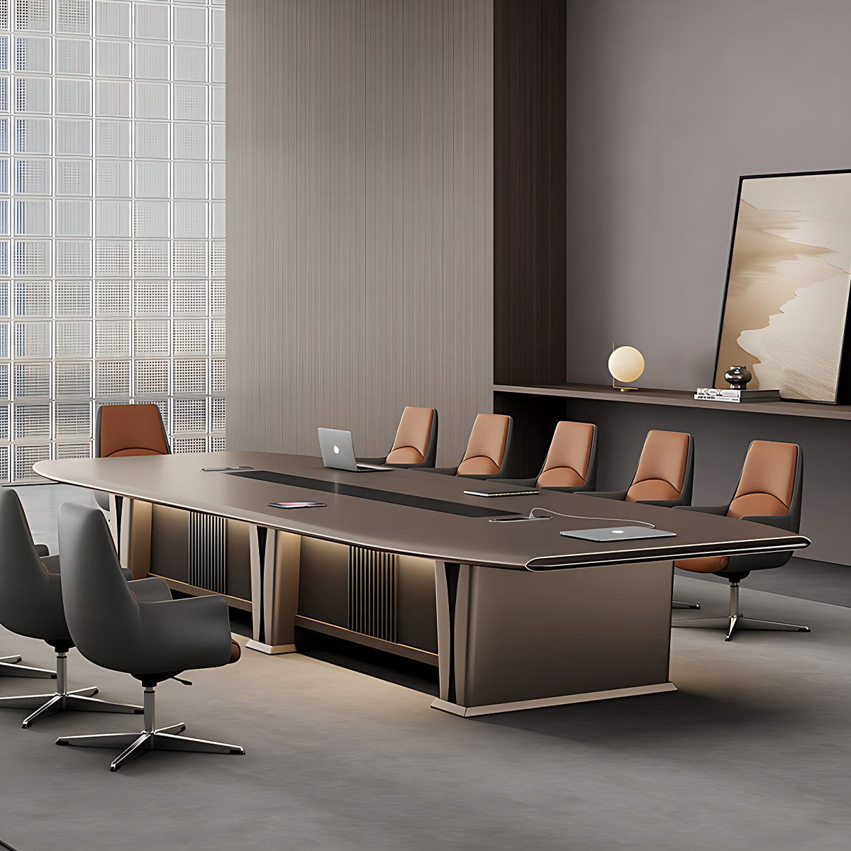 Luxury Brown Conference Table Featuring Practical Cable Grommet and Reinforced Thick Surface