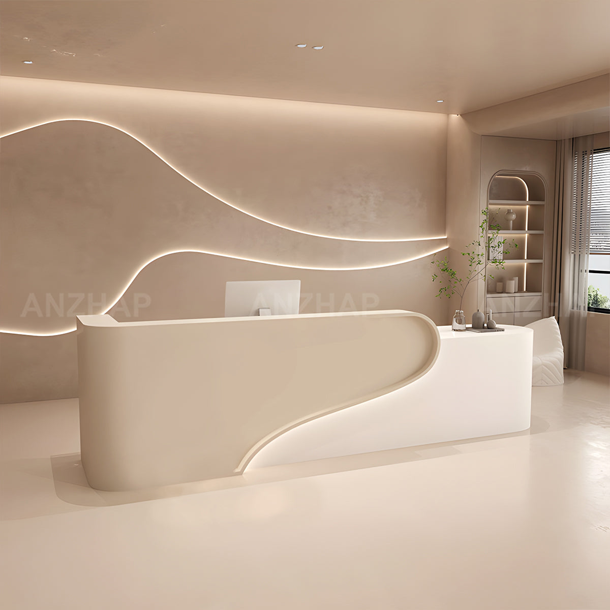 Modern Reception Desk with Rounded Corners, LED Lighting & Storage