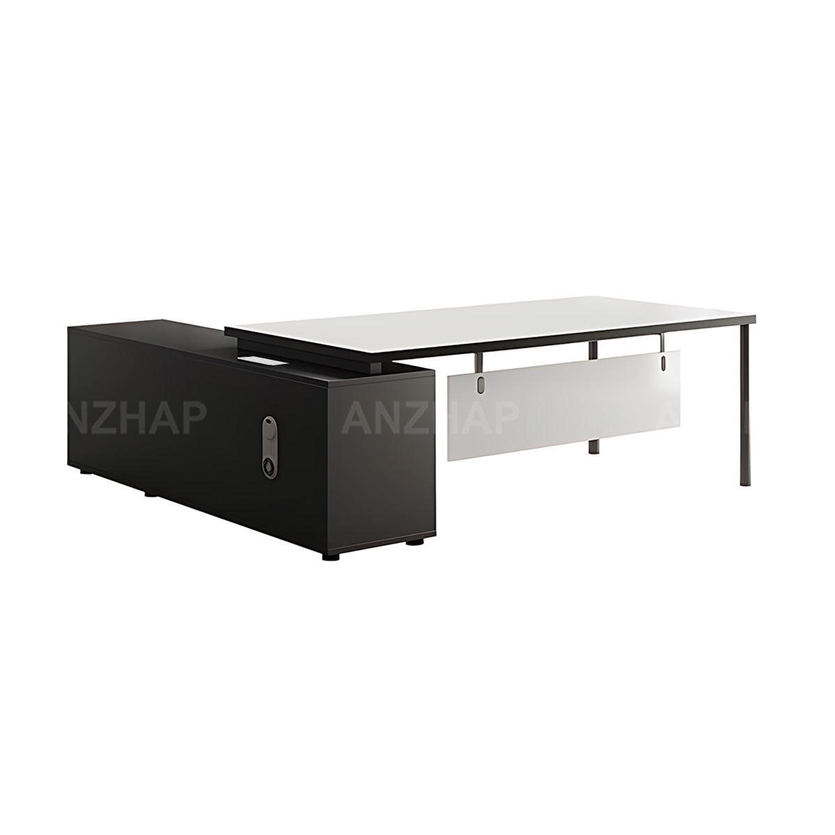High-End L-Shaped Executive Desk With Power Outlet, Side Cabinet & Modesty Panel