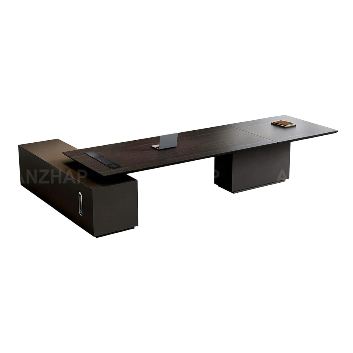 Anzhap height-adjustable executive desk with adjustable height control, storage detail