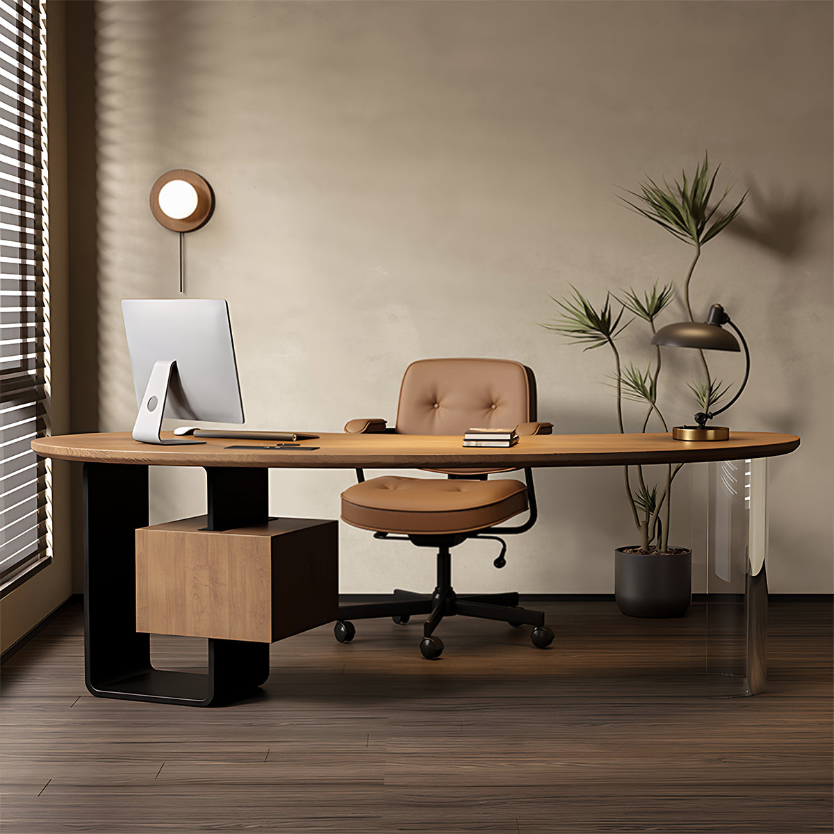 High-end Solid Wood Executive Desk Curved Cashew Floating Storage