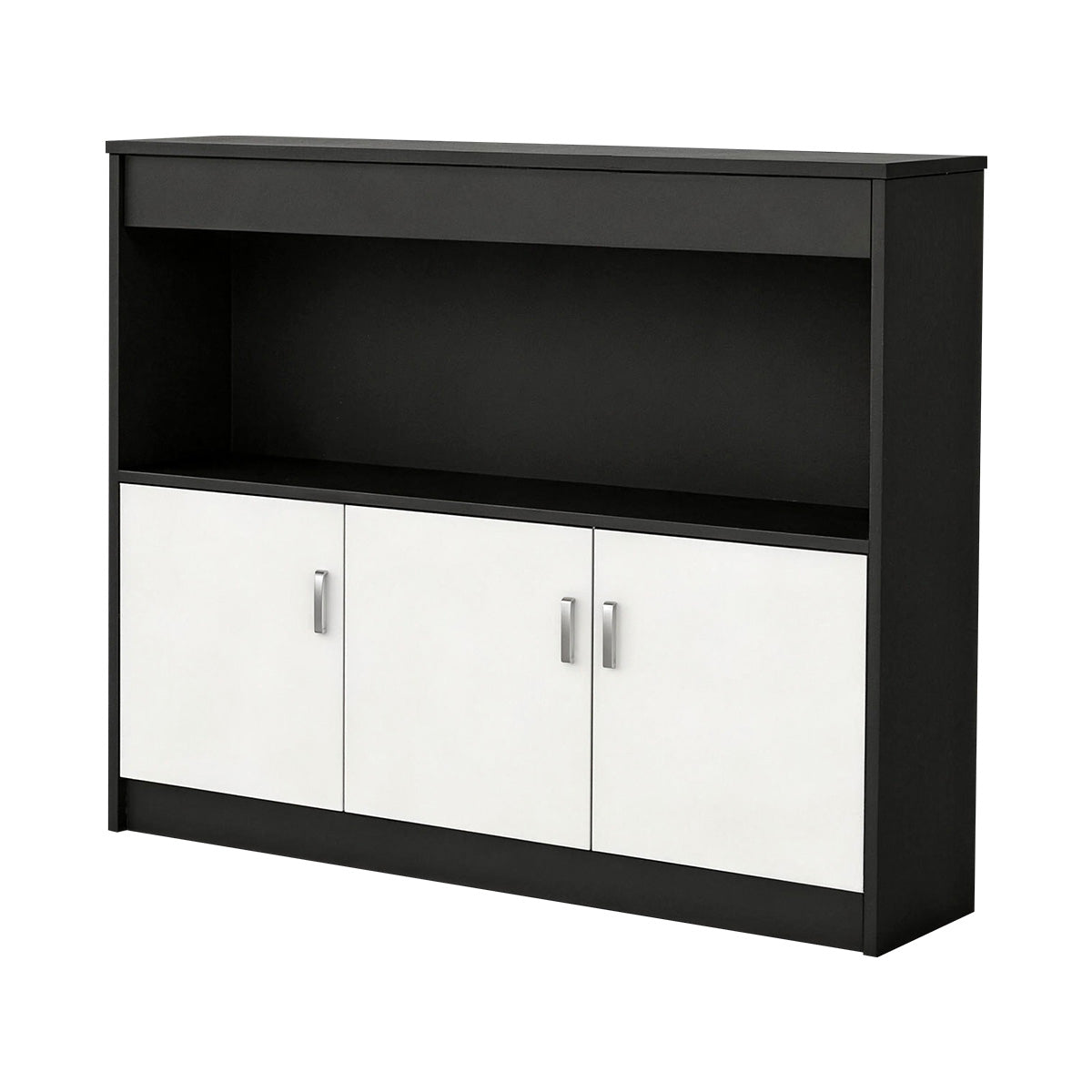Scandinavian-Style Office Storage Cabinet with Open Cubbies and Wood-Tone Doors