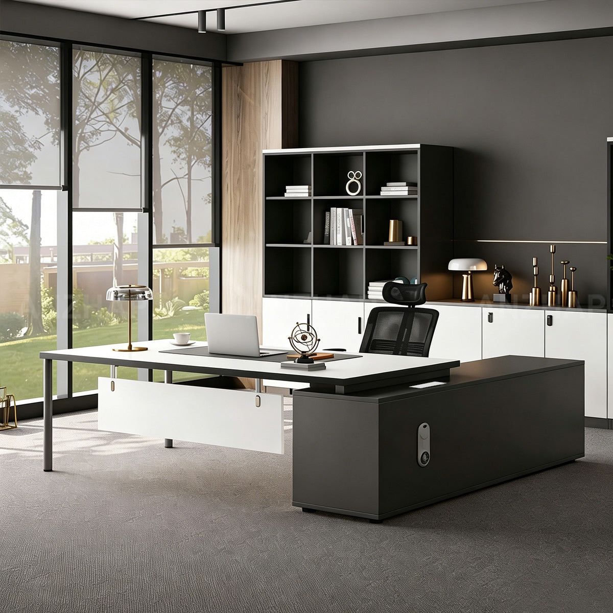 High-End L-Shaped Executive Desk With Power Outlet, Side Cabinet & Modesty Panel