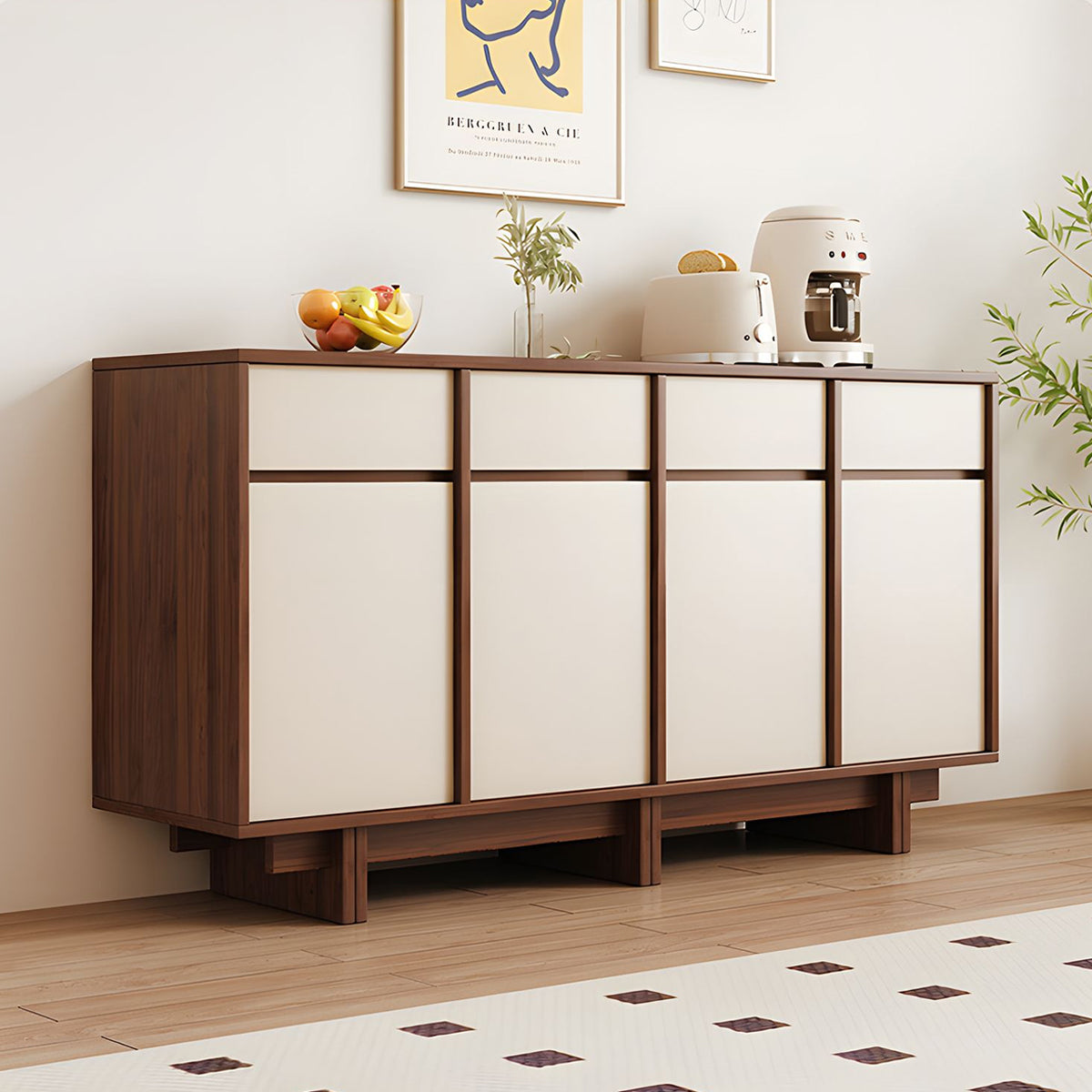 Modern Rustic Solid Wood Sideboard Buffet with Large Storage and Open Base