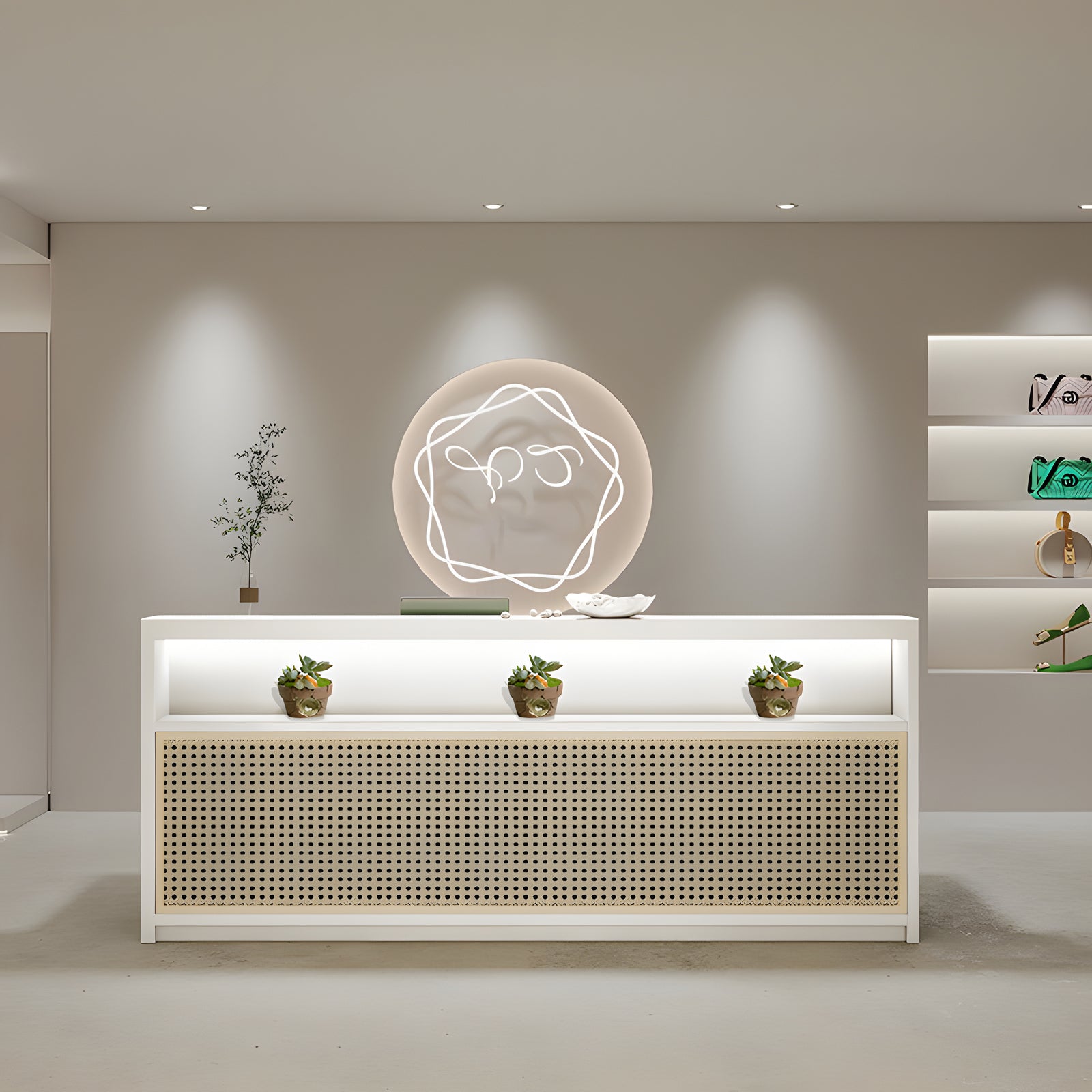 Sleek Reception Desk with Display Compartment for Modern Office Spaces