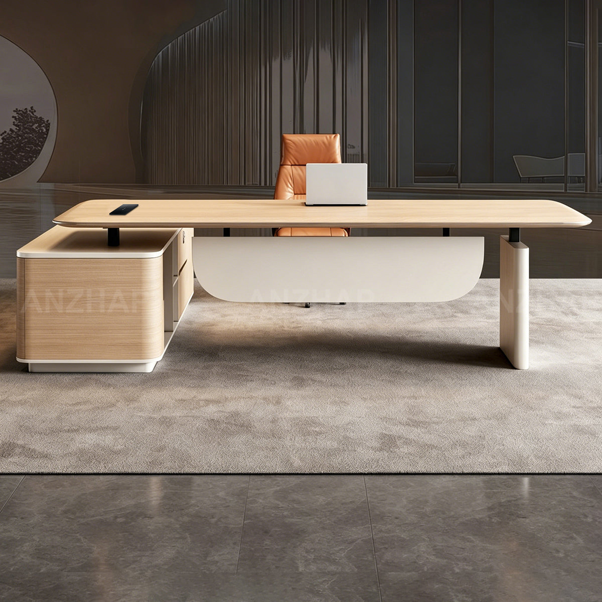 Height-Adjustable Executive Desk with Built-In Power and Side Storage Cabinet
