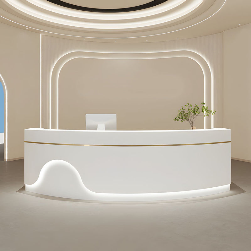 Minimalist and Elegant Curved Reception Desk with Beautiful Light Strip Design and Metal Trim
