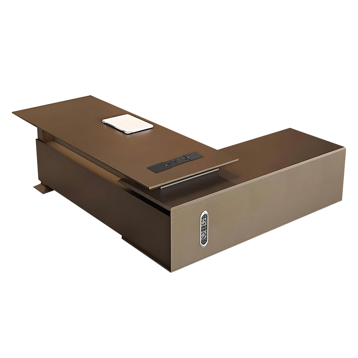 L-Shaped Executive Desk, left side cabinet configuration, Italian-Style Luxurious Dark Brown L-Shaped Executive Desk With Spacious Desktop Design...
