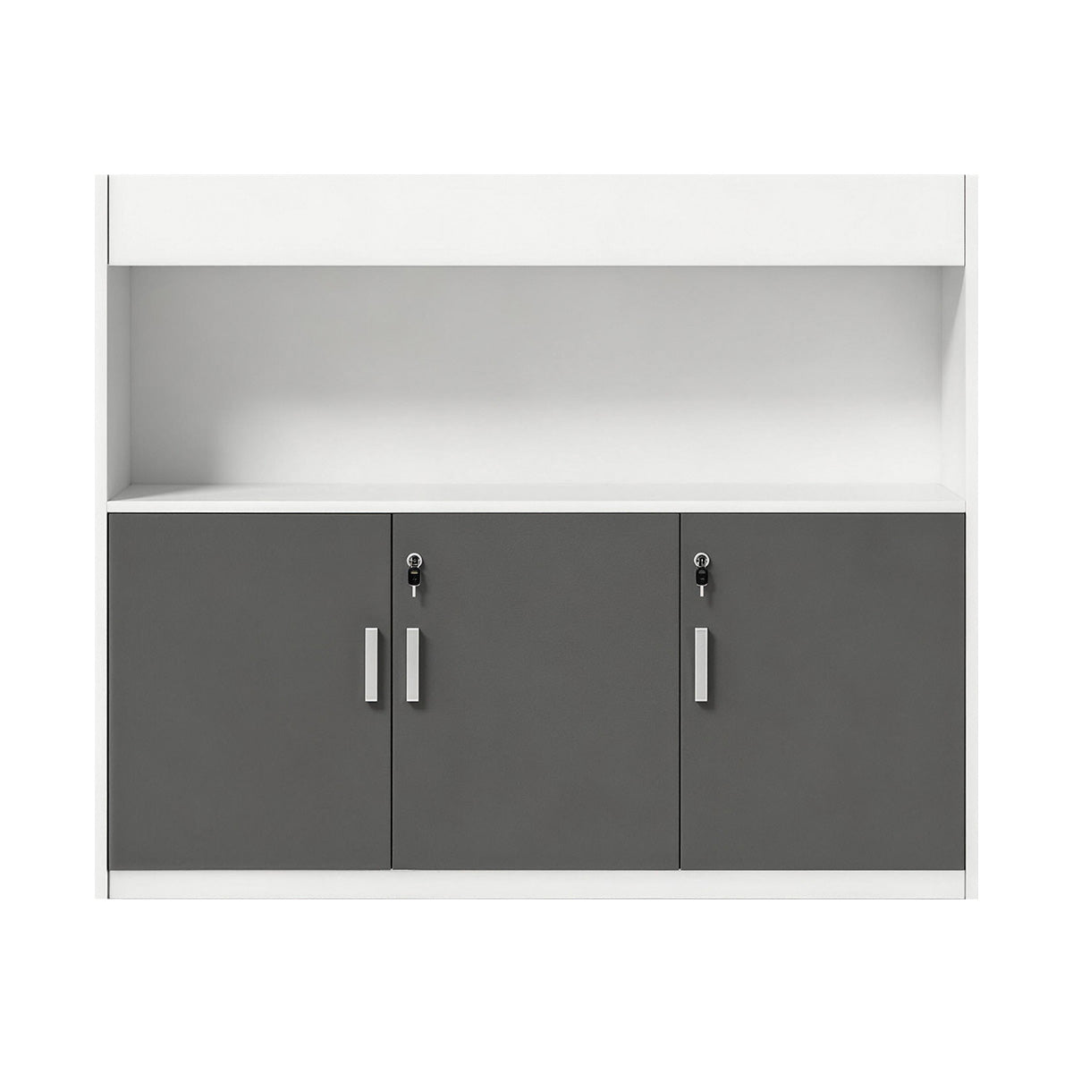 Scandinavian-Style Office Storage Cabinet with Open Cubbies and Wood-Tone Doors
