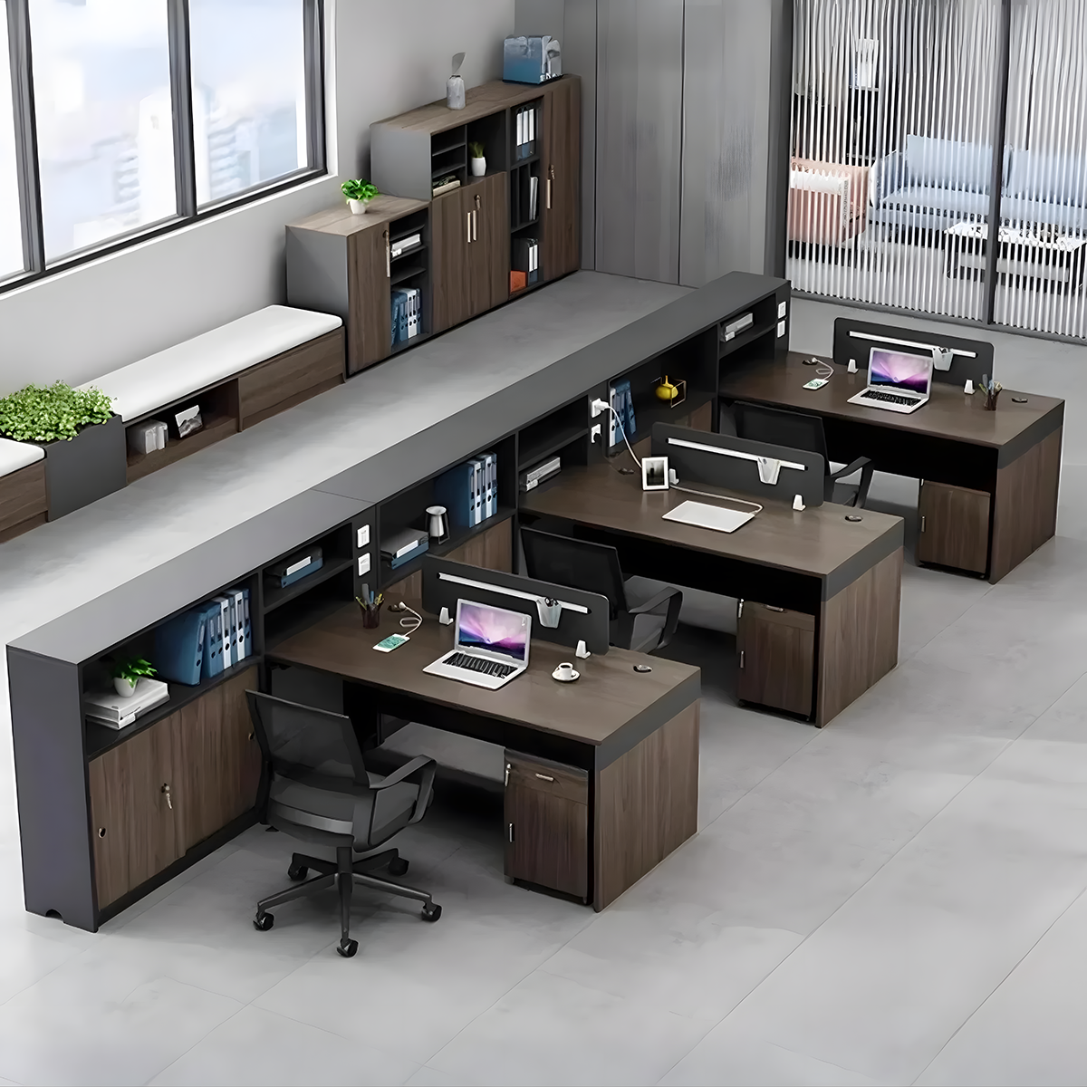 Minimalist Dark Gray and Walnut Cubicle Desk with Mobile Lockable Storage Cabinet