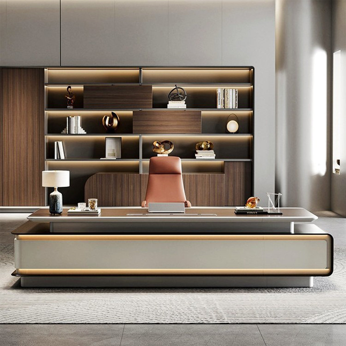 Contemporary Executive Desk with LED Light & Built-In Power Rail