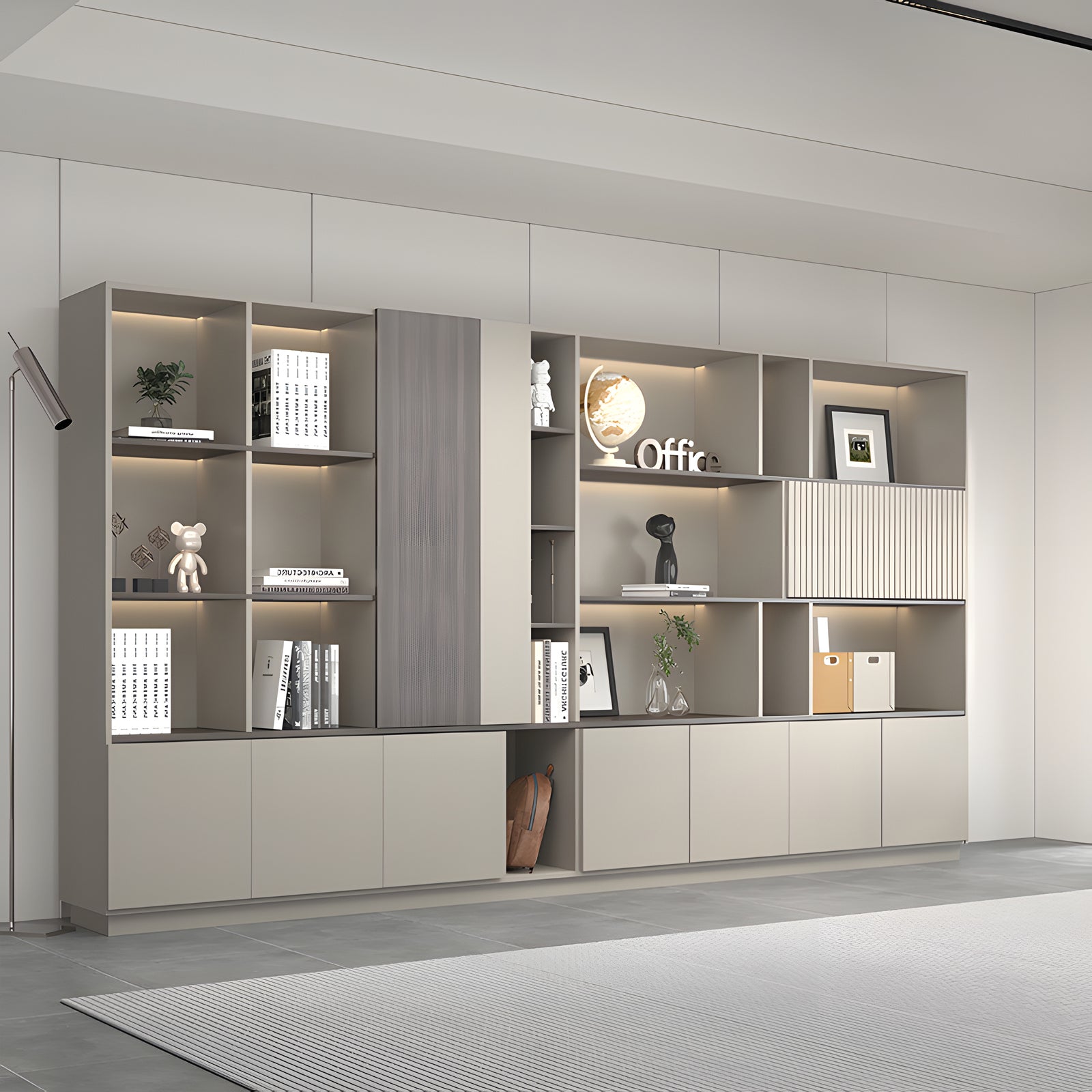 Elegant Storage Cabinet with Soft Lighting Strip and Open Storage