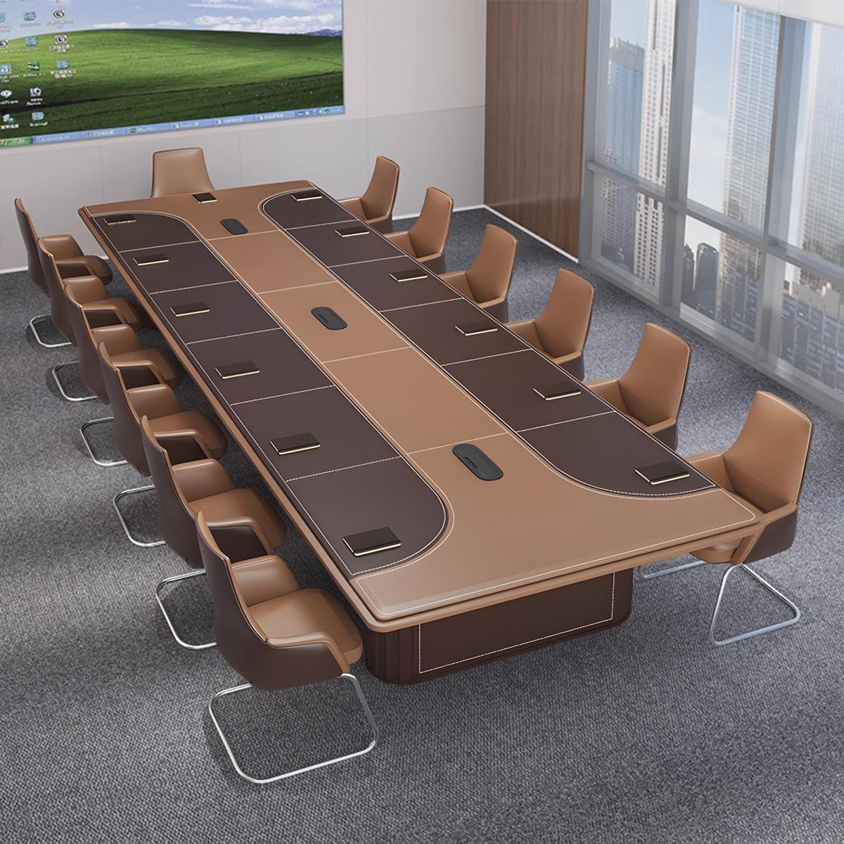Modern Leather Conference Table with Eco Friendly Material and Cable Management