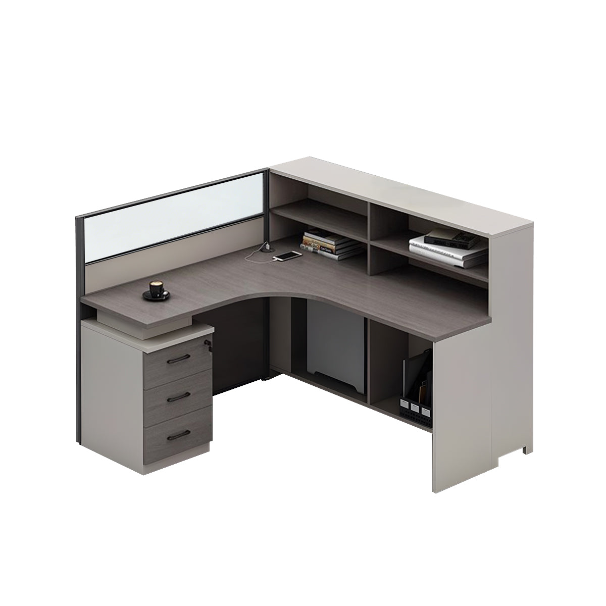 L-Shaped Minimalist Office Desk with Built-In Outlets, Ample Storage Space