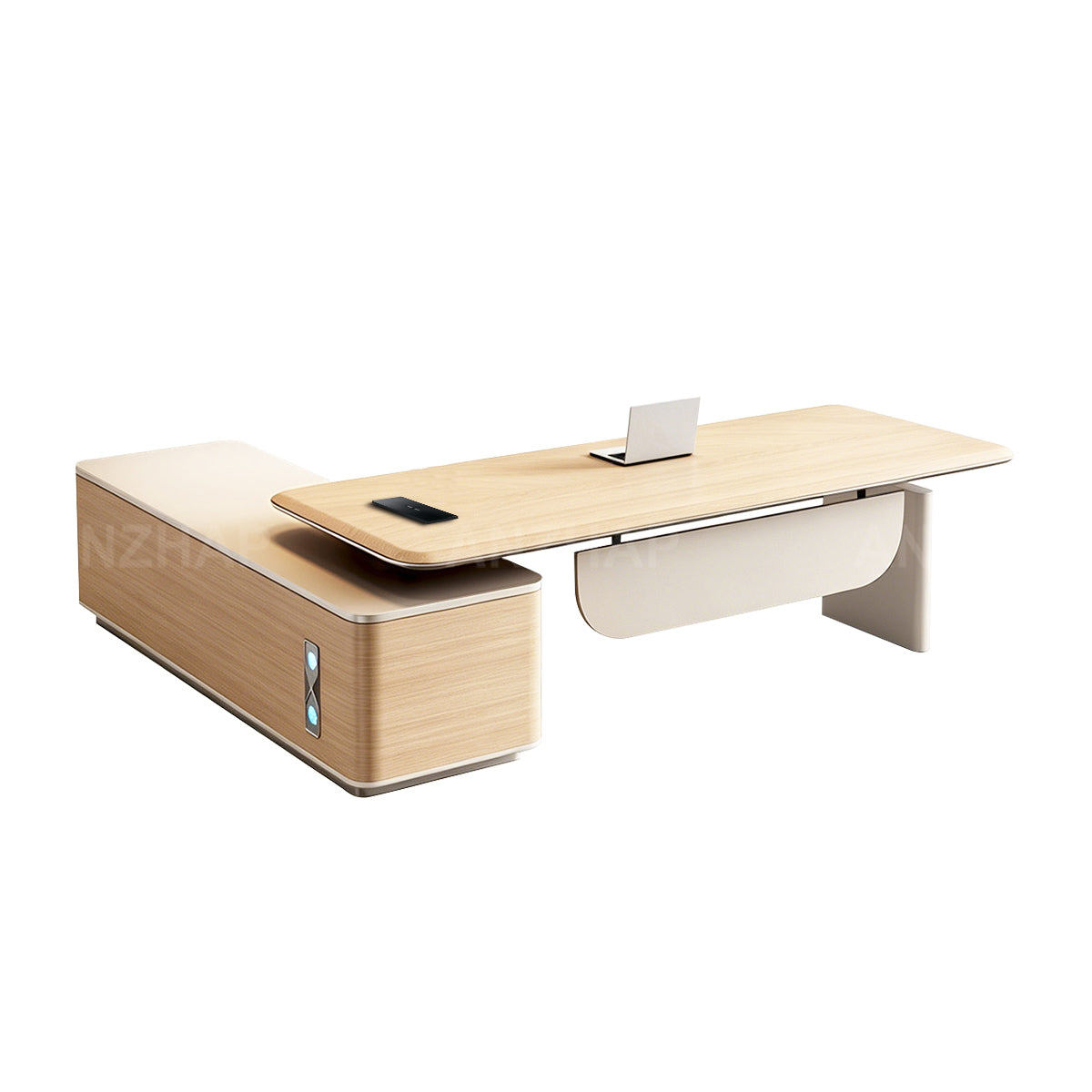 Height-Adjustable Executive Desk with Built-In Power and Side Storage Cabinet