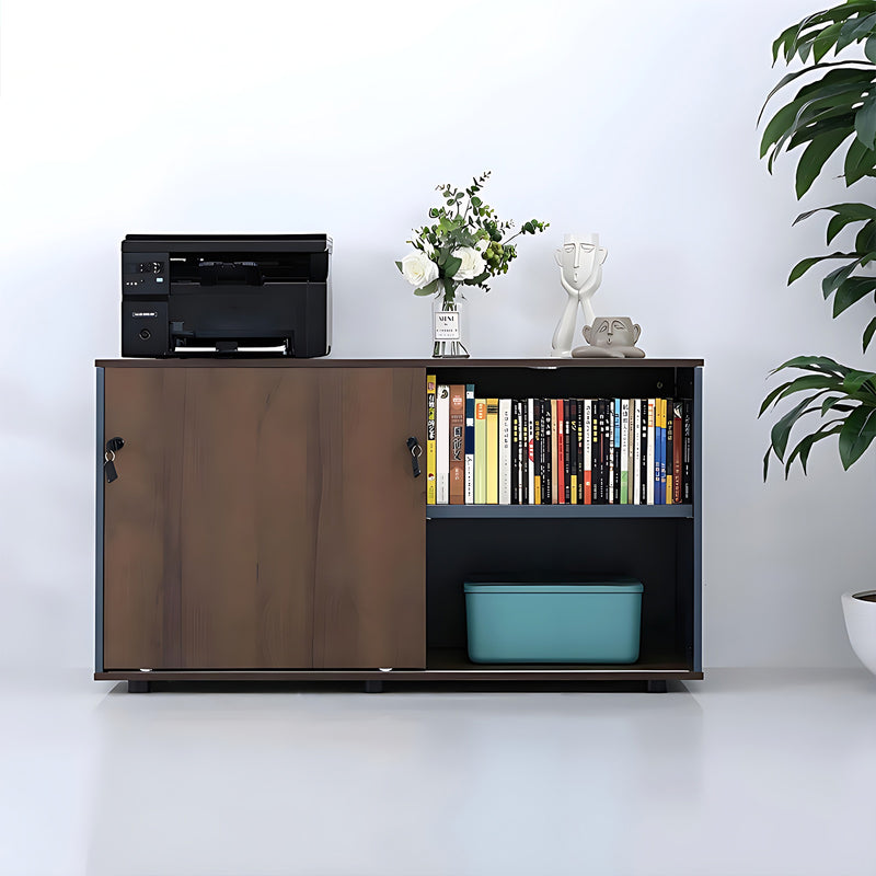 Classic Stylish Walnut and Iron Gray Storage Cabinet with Built-in Handle Drawers and Sliding Doors
