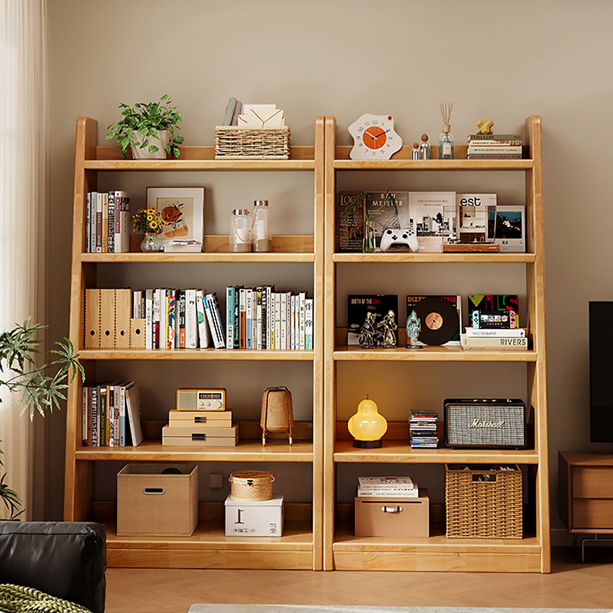 Minimalist Pine Wood Bookshelf Modern Storage Stable Design Trapezoidal