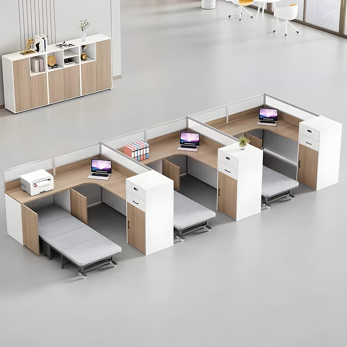 Modern Minimalist Natural and White Cubicle Desk with Foldable Bed and Functional Storage Cabinet