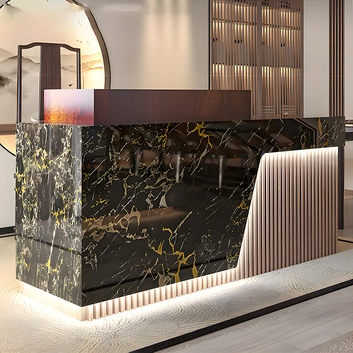 Executive Reception Desk – Black Marble & Fluted Wood with LED Accents