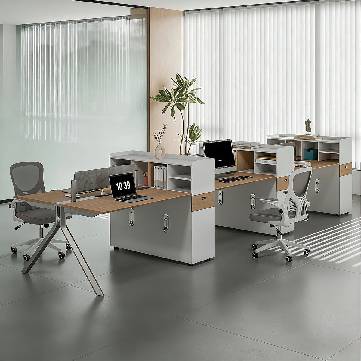 Multi-User Office Desk with Built-In Outlets for Employee Workspace