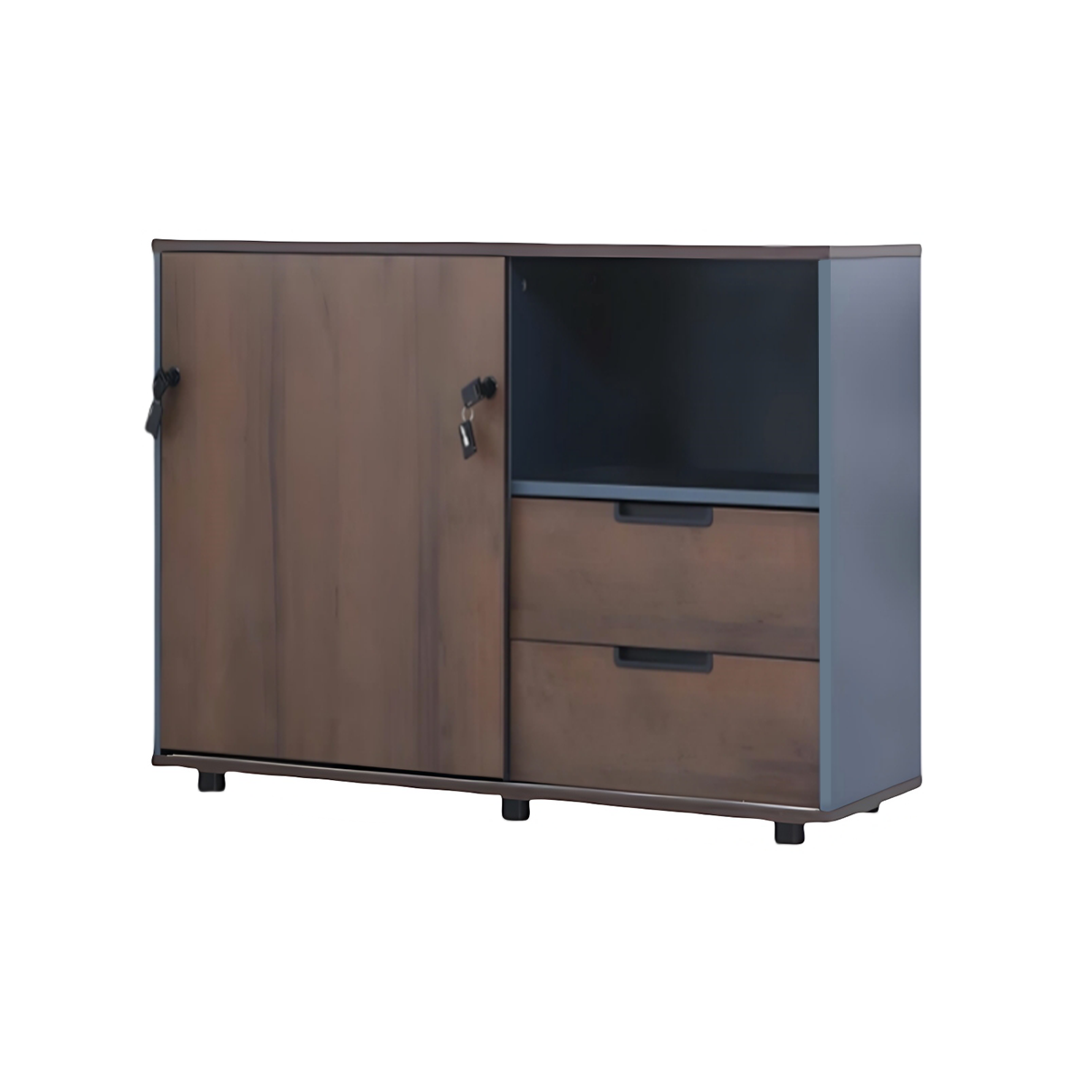 Classic Stylish Walnut and Iron Gray Storage Cabinet with Built-in Handle Drawers and Sliding Doors