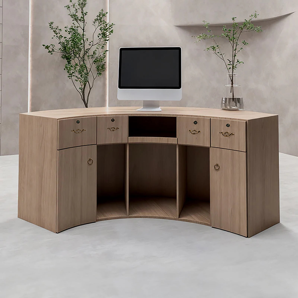 Modern Minimalist Curved Reception Desk 59–110 in Wide with Solid Wood