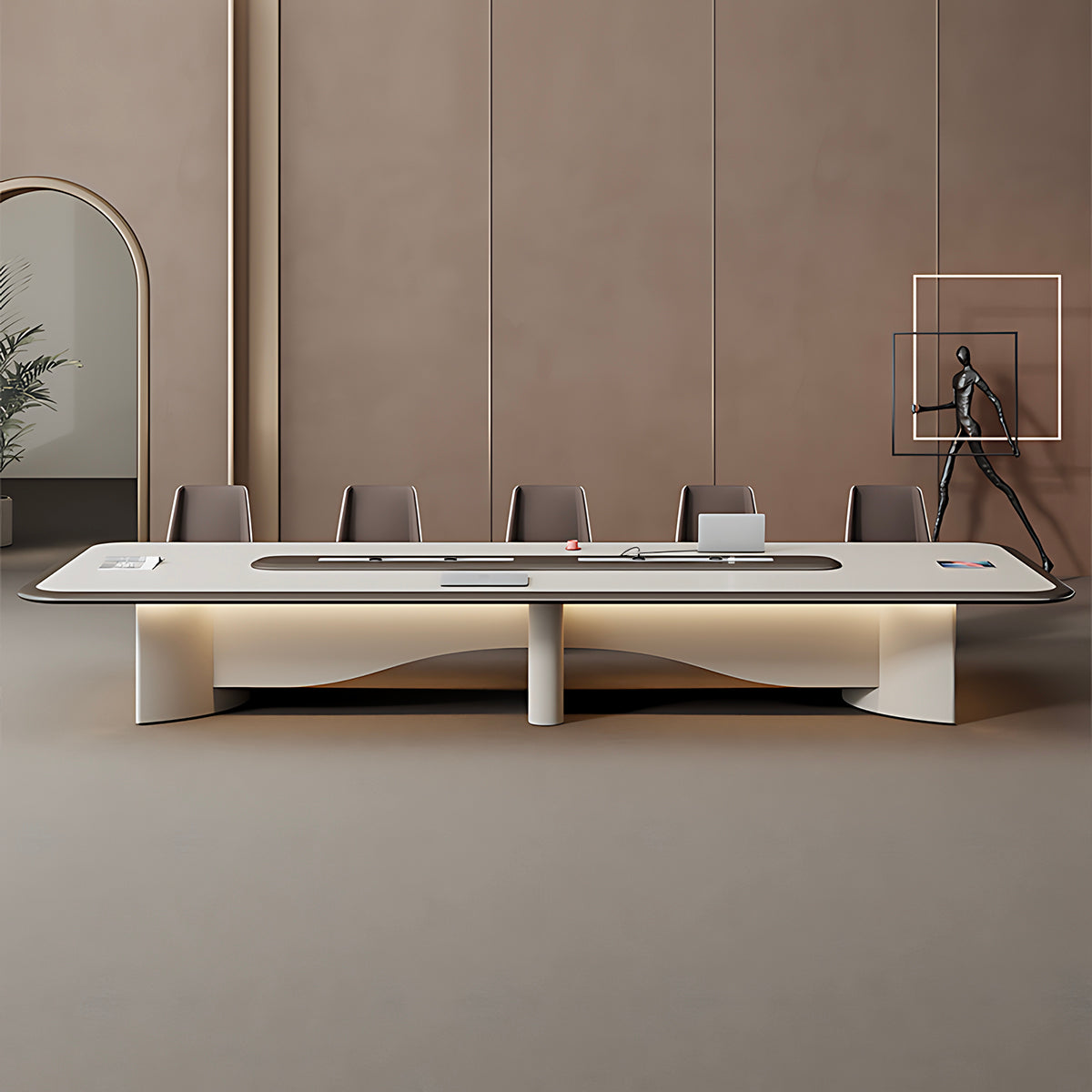 Modern Conference Table with Cable Management and LED Lighting