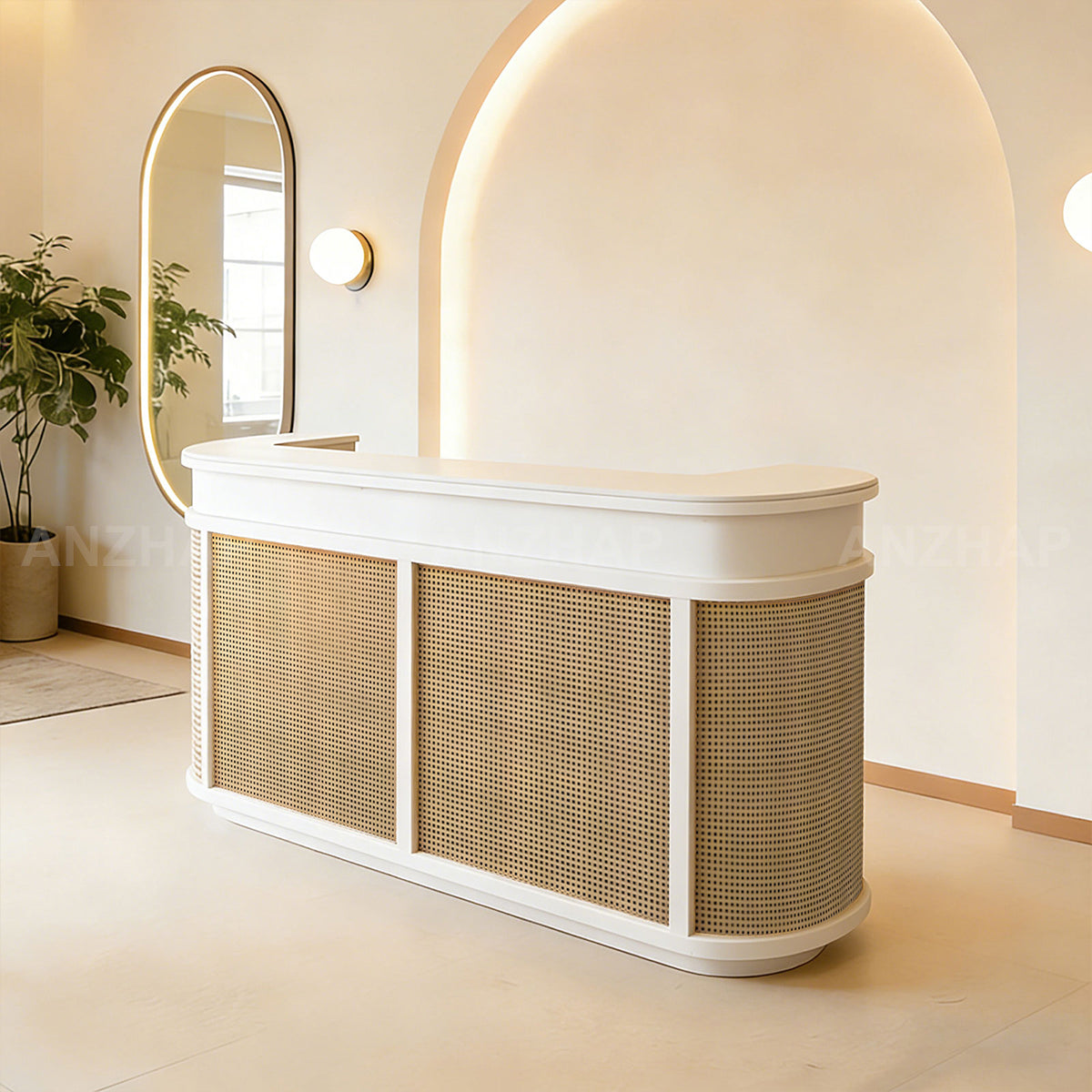 Vintage Curved Reception Desk 47–118 in Wide with File Drawers, Privacy Panel, Transaction Counter & Woven Rattan Detail（Stock Items）
