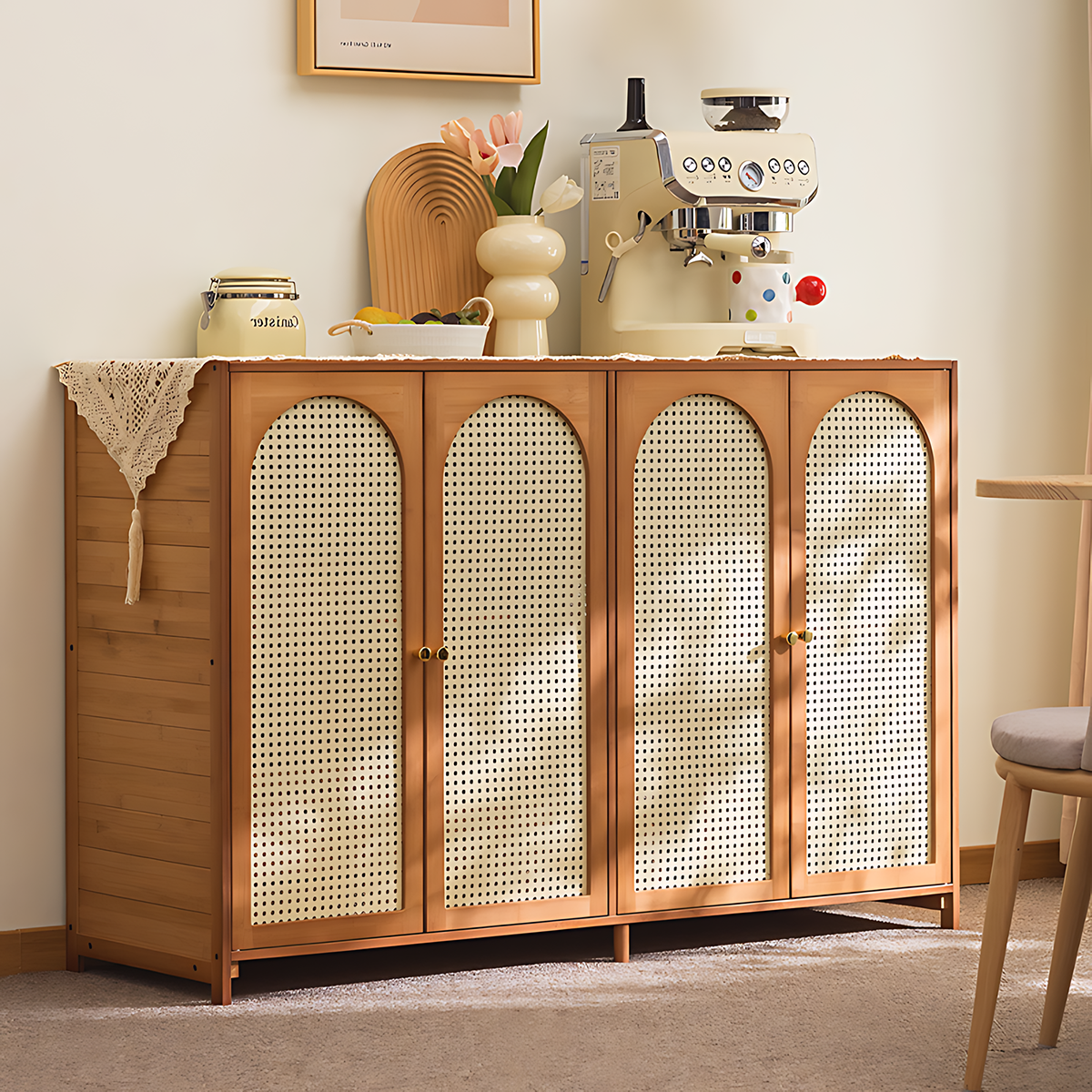 Retro Bamboo Buffet Cabinet, Faux Rattan Doors, Ample Storage for Home