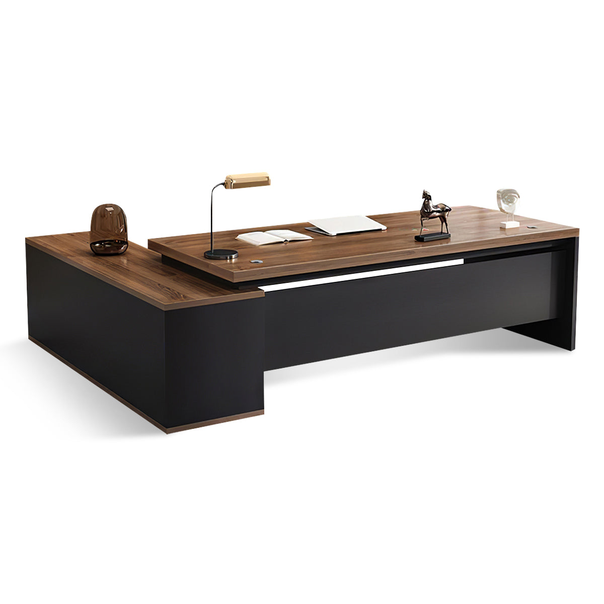 Modern L-Shaped Wood Grain Executive Desk with Storage Side Cabinet