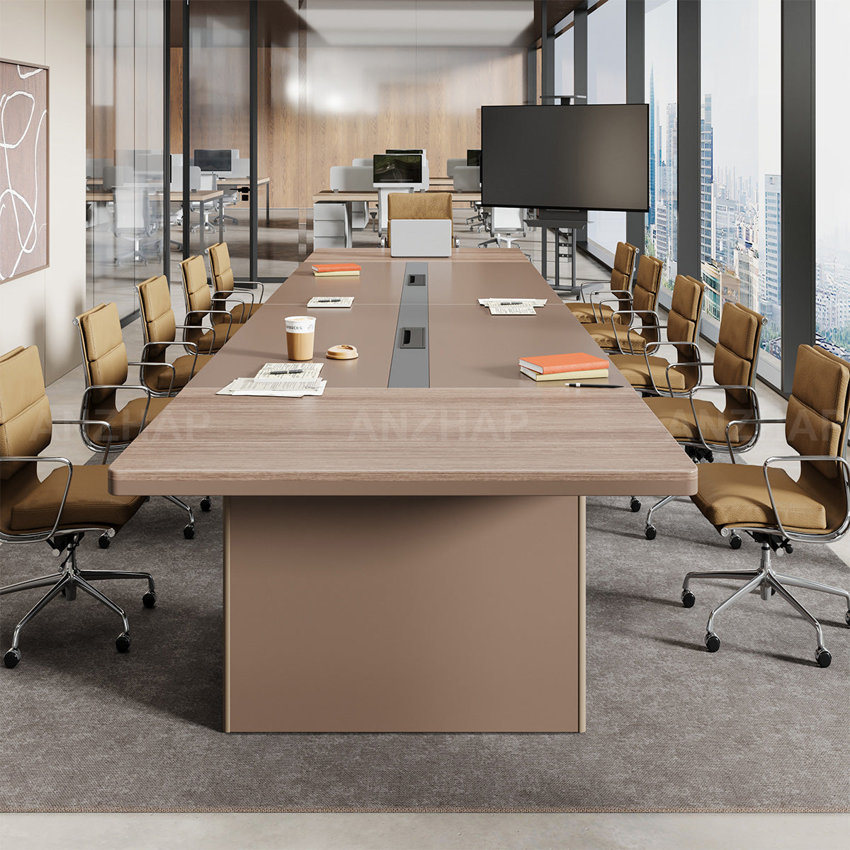 Modern Rectangular Conference Table with Wooden Base