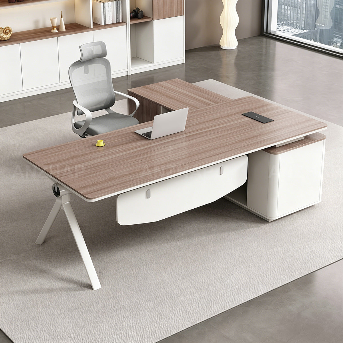Executive Desk with Built-In Power Hub, CPU Tower Compartment, and Side Storage Cabinet