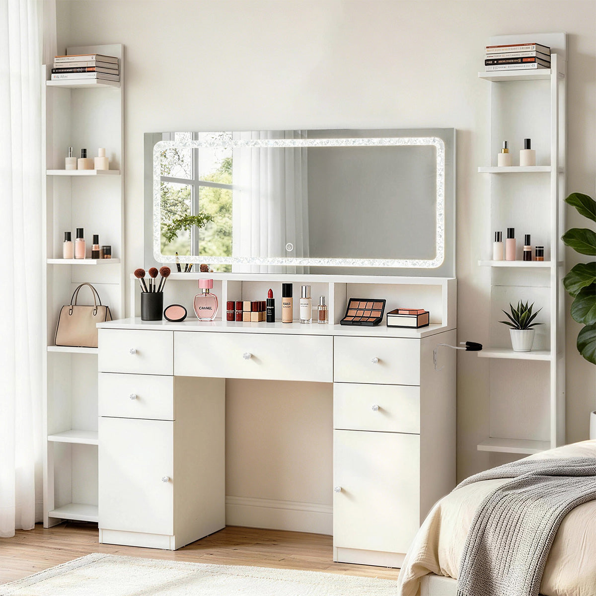 Modern LED Vanity Desk with Lighted Mirror & Storage Drawers（Stock Items）