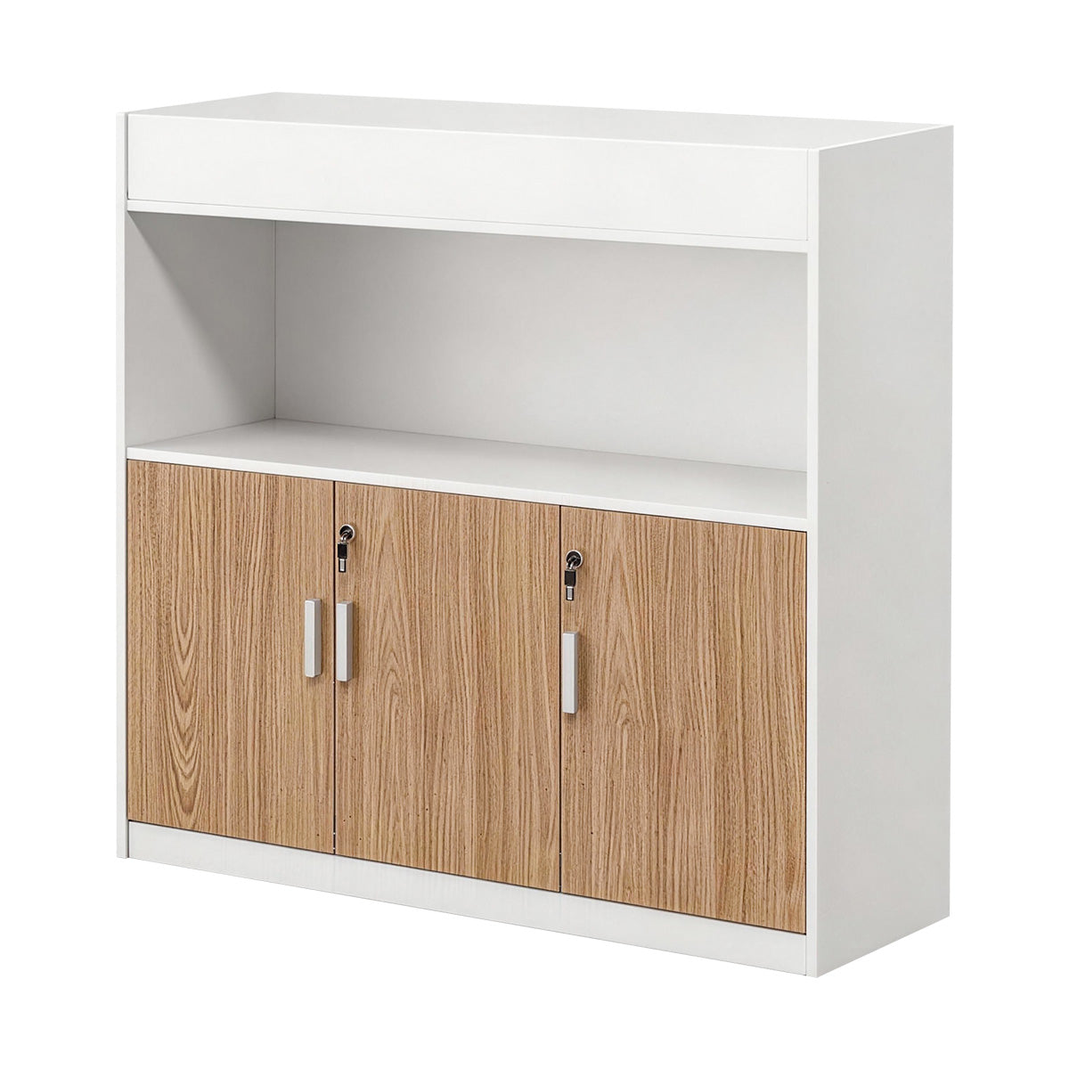 Scandinavian-Style Office Storage Cabinet with Open Cubbies and Wood-Tone Doors