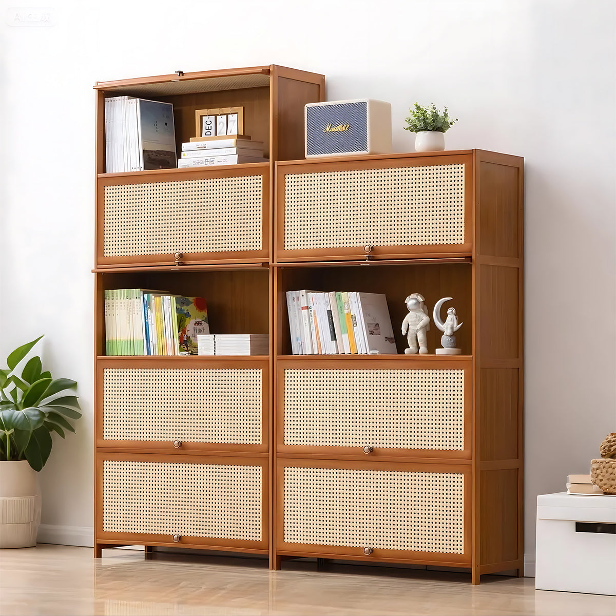 Minimalist Bamboo Flip-Door Bookshelf with Multi-Layer Storage