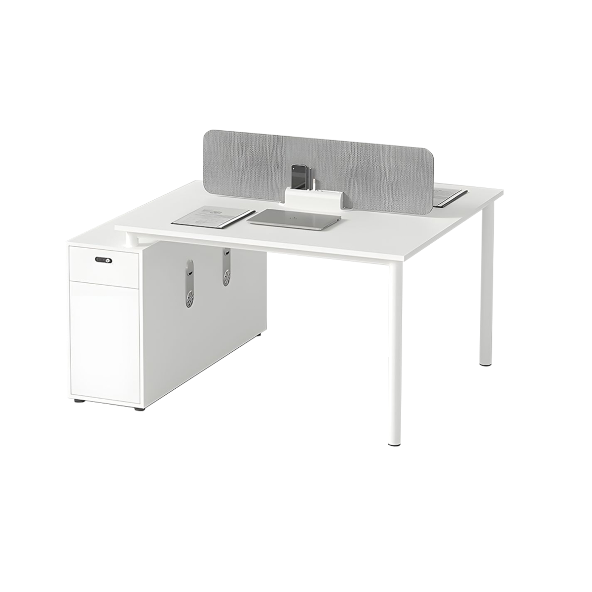 Modern White Office Desk with Gray Privacy Panel Lockable Storage