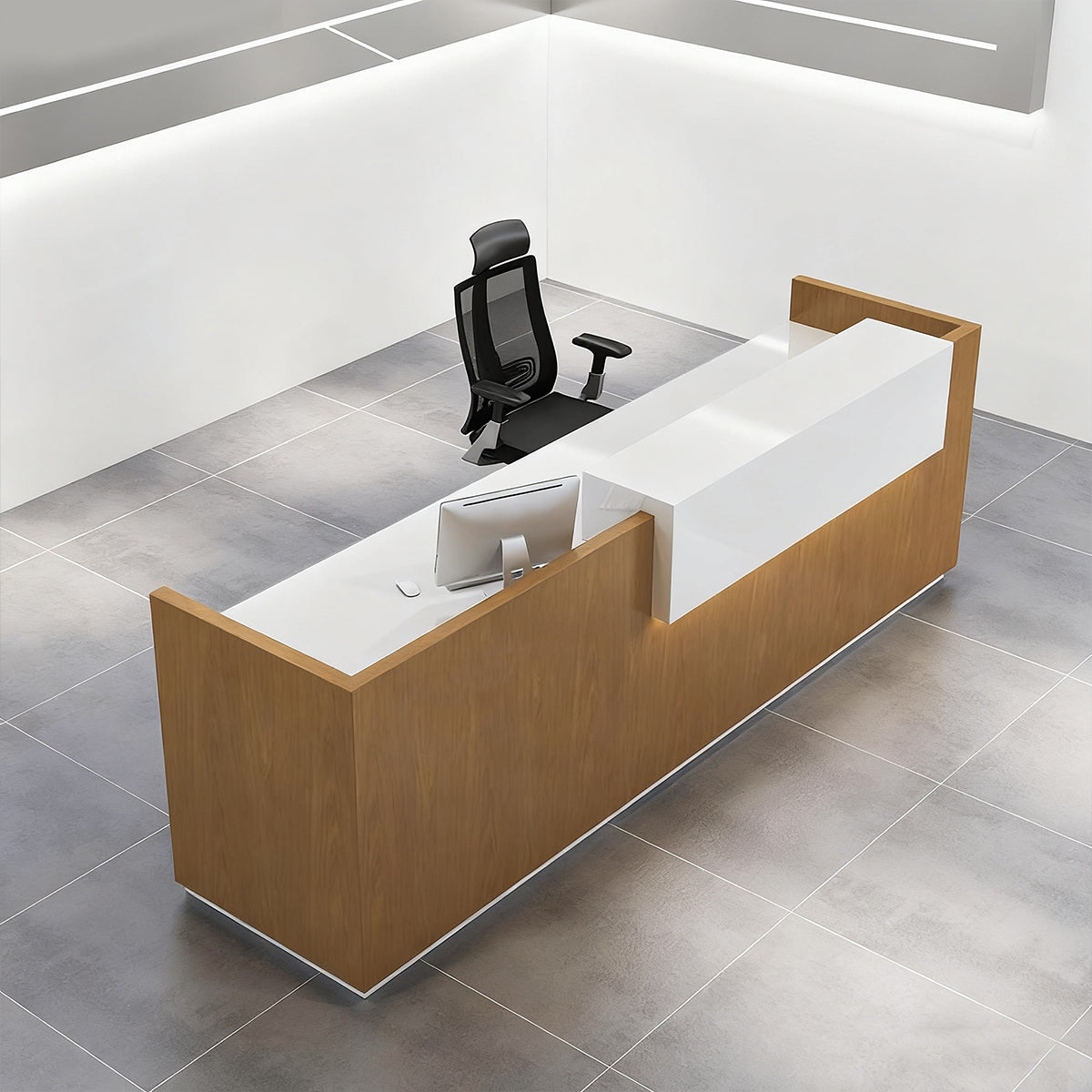 Luxury Modern Reception Desk Wood Veneer Lacquer LED Lighting Storage