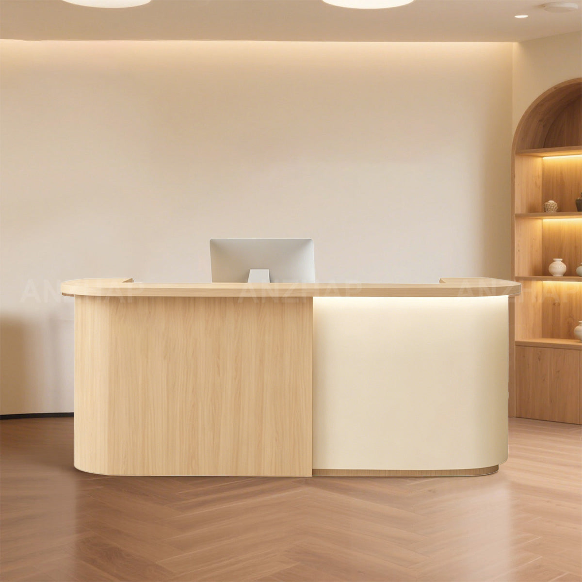Modern Two-Tone Reception Desk with LED Accent Lighting & Storage for Front Desk Areas