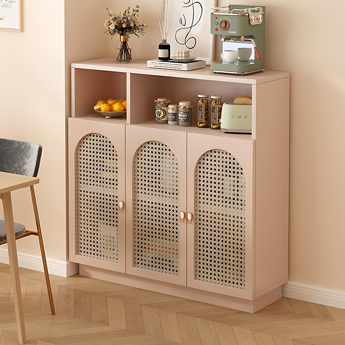 Modern Rattan Buffet Sideboard with Adjustable Shelves and Cabinet Storage
