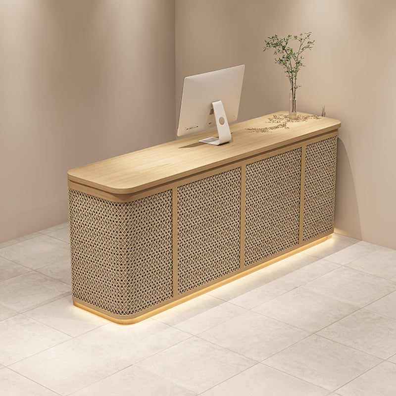 Rattan Reception Desk with Storage Solid Wood Rounded Corners Eco Friendly