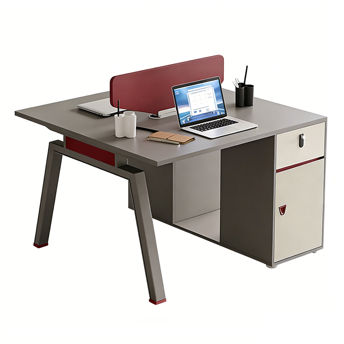 Stylish Minimalist Office Desk with Red Privacy Screen Design