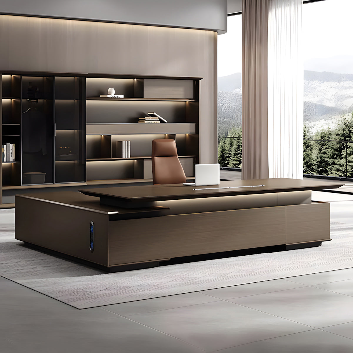 L-Shaped Executive Desk, front and side view, Italian-Style Luxurious Dark Brown L-Shaped Executive Desk With Spacious Desktop Design finish, for...