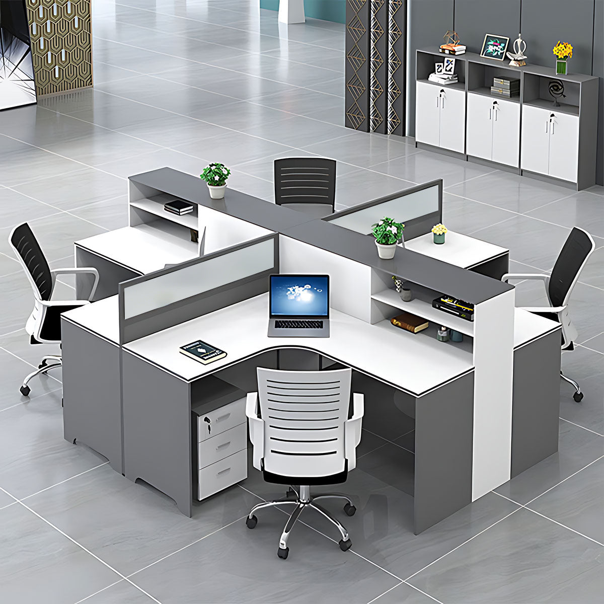 Modern L-Shaped Office Desk with Integrated Shelving & Partition Panels
