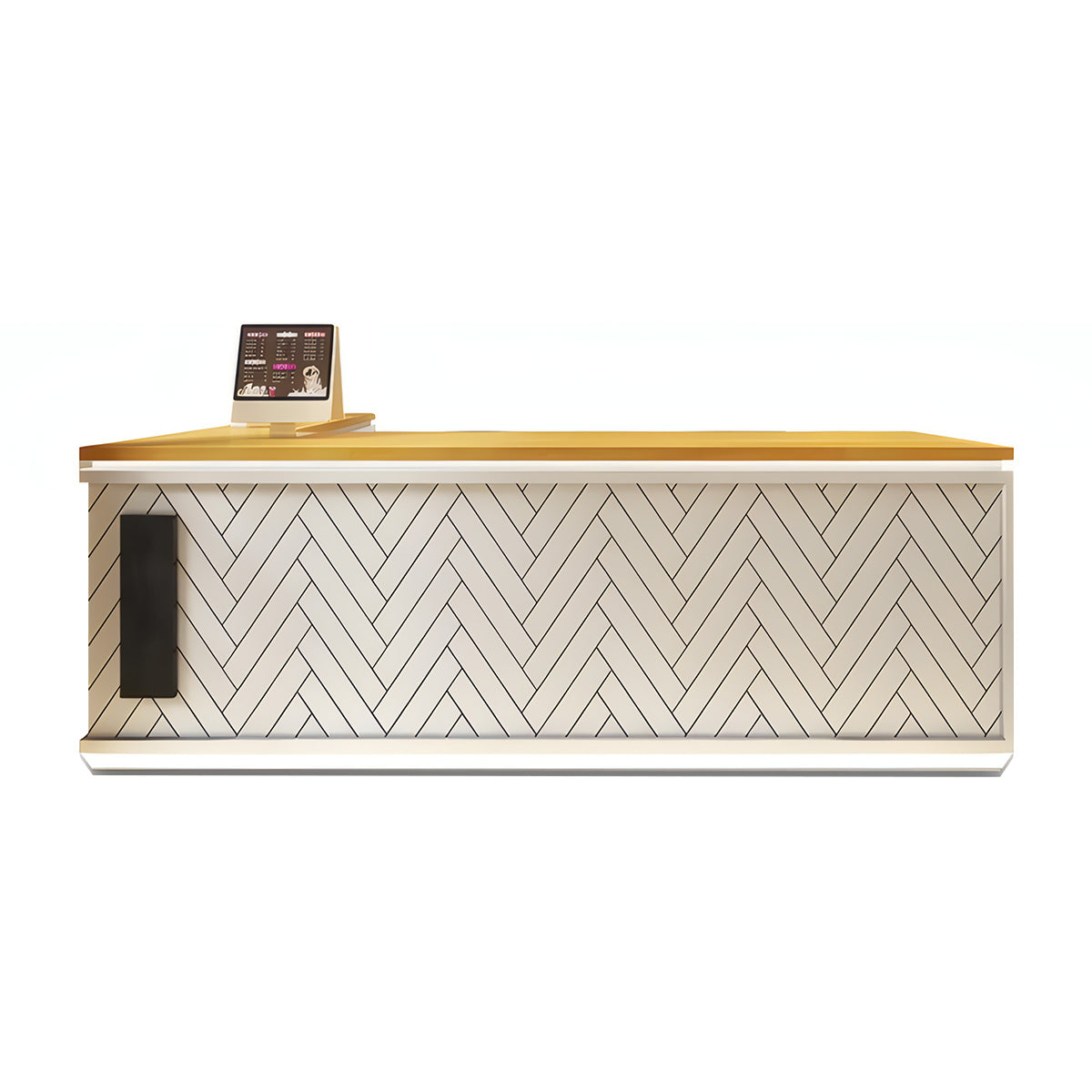 L-Shaped Reception Desk 63–102 in Wide with Ample Storage & Transaction Counter